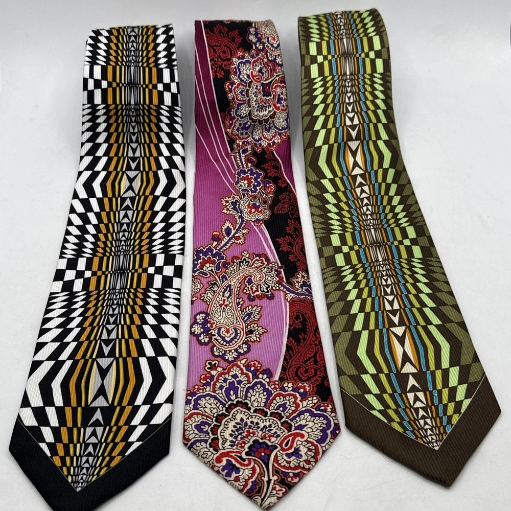 Steven Land Big Knot Silk Tie Black Gold White Geometric Art Deco Mens Necktie